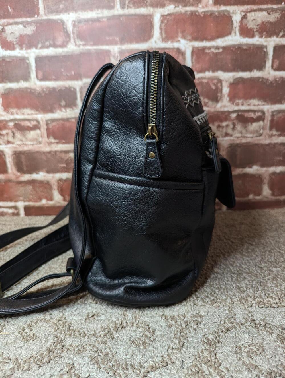 White Mountain Vegan Leather Backpack - Black Embroided Purse - Zip Top - Picture 2 of 9